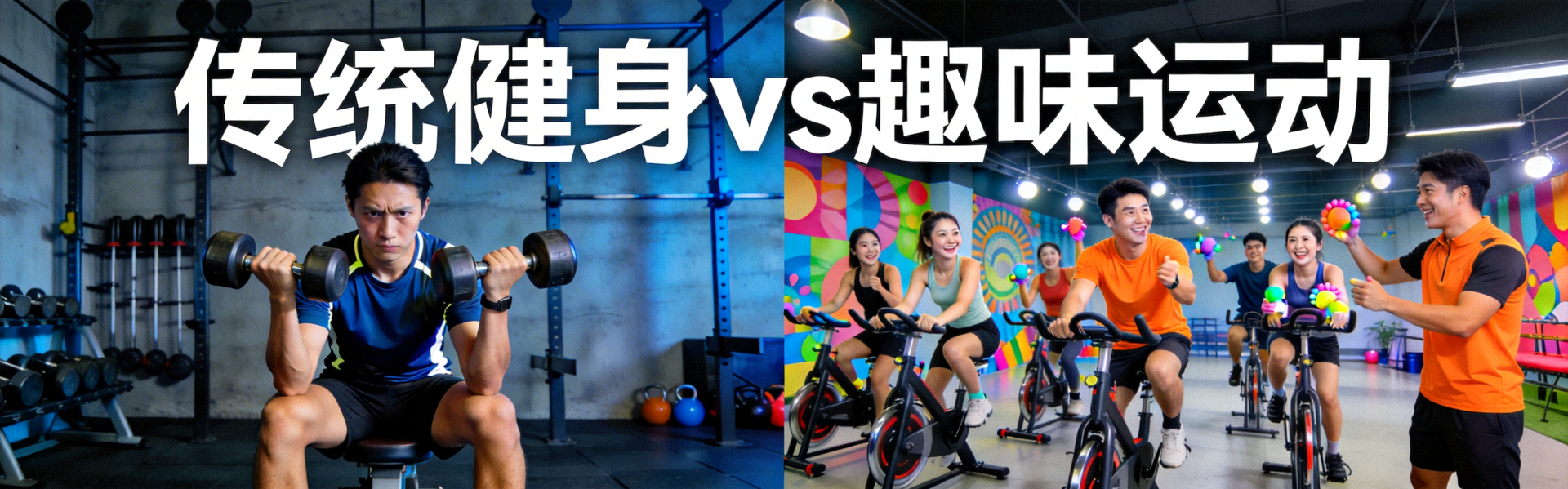 对比图：左侧是传统枯燥的举铁场景，右侧是学员在趣味课程中快乐运动的场景
